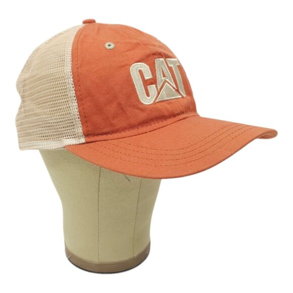CAT Equipment Embroidered Mesh Strapback Cap Trucker Baseball Hat Orange Tan - Picture 3 of 14